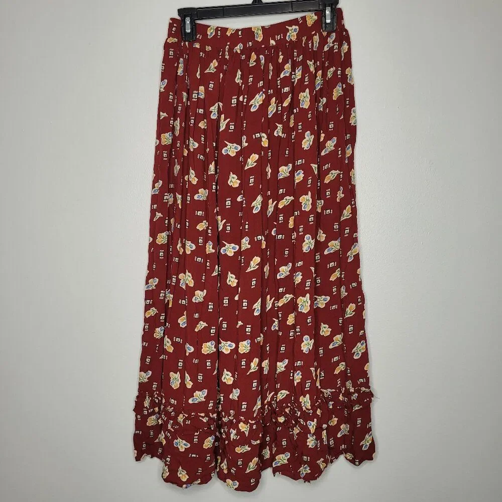 Vintage 90s red boho praire cottagecore maxi pull on tradewife tiered skirt 8